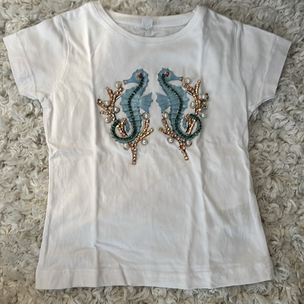Bedazzled Girls T-Shirt. Beautiful hand sewed jewels. No size - est 5/6.